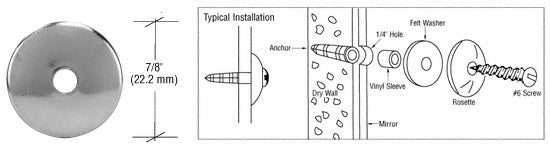 A 7/8-inch round chrome metal mirror rosette shown alongside a technical diagram illustrating the installation process with a screw and wall anchor.