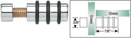 A polished chrome brass single glass shelf support shown next to a technical diagram illustrating its dimensions and installation method.