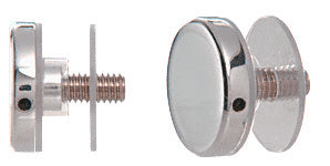 Two views of a polished chrome brass standoff cap assembly showing the threaded stud and mounting components.