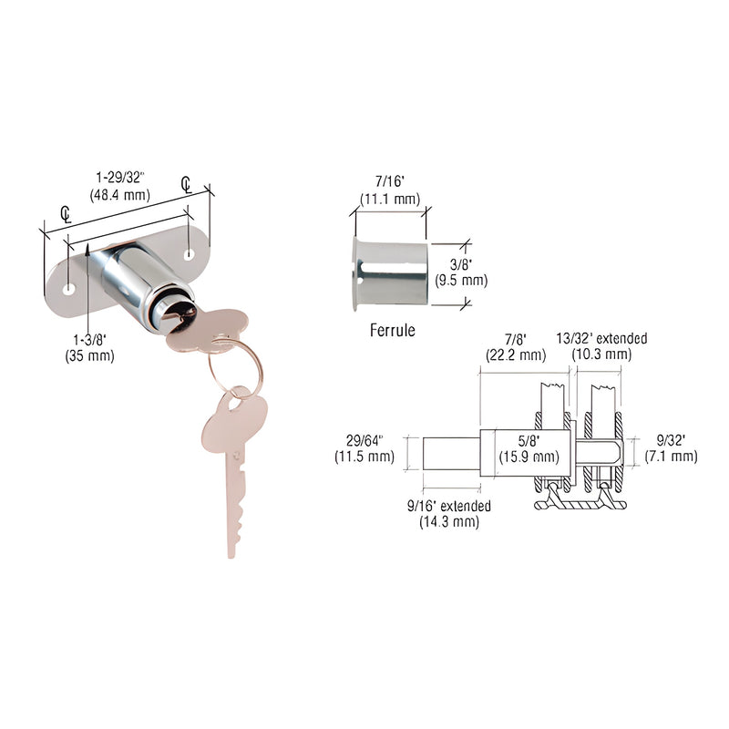 A polished chrome brass plunger lock with keys shown alongside technical dimension diagrams and a ferrule.
