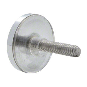A side view of a polished chrome brass washer and threaded stud replacement set for glass hardware.