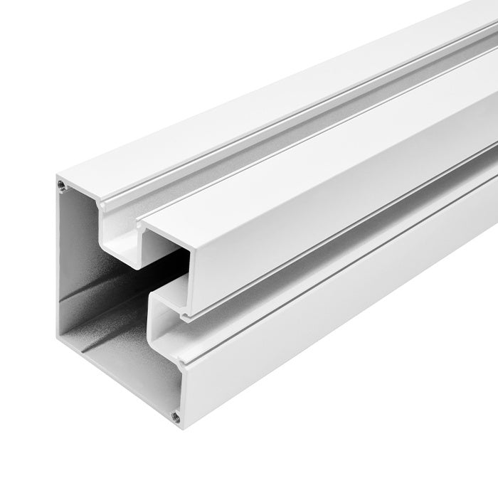 A close-up view of the white aluminum Cielo corner post showing its structural profile and channel design.