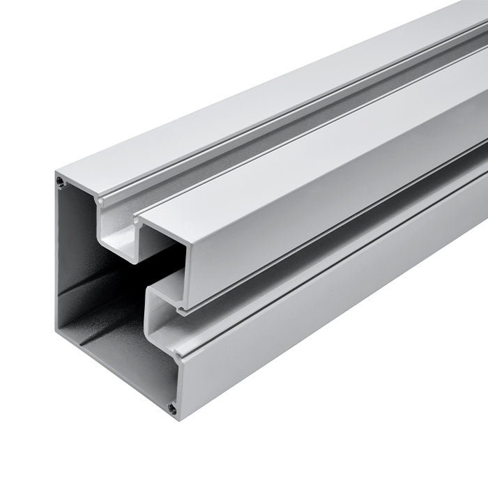 A close-up view of a 72-inch silver metallic Cielo corner post featuring a specialized channel design for glass installation.