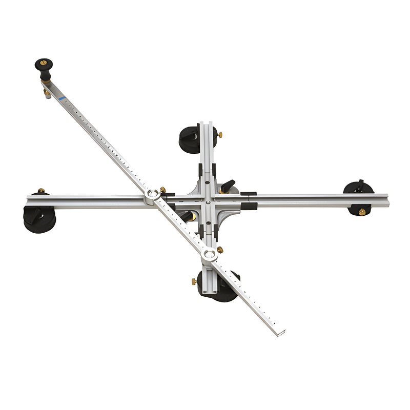 The CRL self-oiling circle and oval cutting machine features a cross-shaped metal frame with adjustable arms and suction cups.