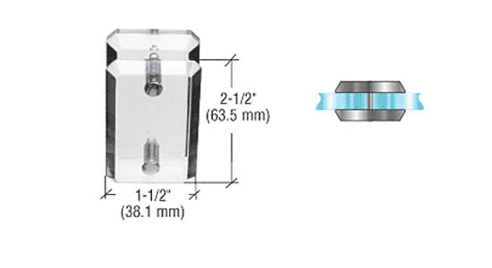 A technical diagram shows the dimensions of the clear acrylic 180-degree mall glass clamp for 3/8 inch to 1/2 inch thick glass panels.