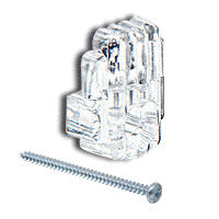 A clear acrylic mirror clip is shown next to a single metal mounting screw.
