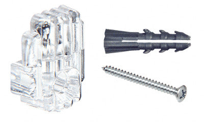 A clear acrylic mirror clip shown alongside a metal screw and a plastic wall anchor.