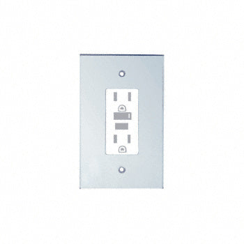 A rectangular clear acrylic mirror wall plate for a single designer GFCI outlet.