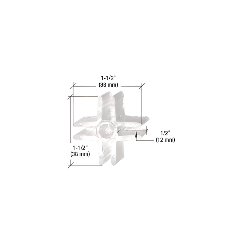 A clear plastic 90-degree 4-way display connector shown with dimensional technical specifications.