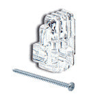 A clear acrylic mirror clip is shown next to a metal mounting screw.