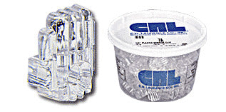 A close-up view of a clear acrylic mirror clip next to a plastic tub containing multiple mirror clips.