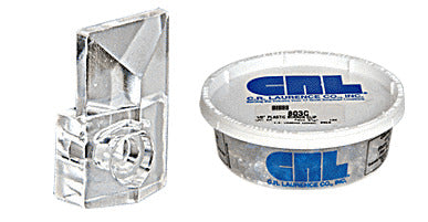 A single clear plastic square beveled mirror clip shown next to its 100-count storage container.