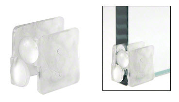 A clear vinyl door edge guard shown individually and installed on the corner of a glass panel.