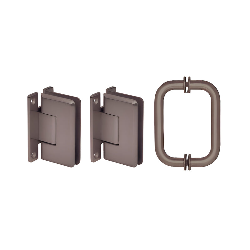Two wall-mount Cologne 037 hinges and a matching shower pull handle in an oil rubbed bronze finish.