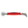 A combination tool featuring a white nylon roller on one end and a metal cutting blade on the other with a red comfort grip handle.