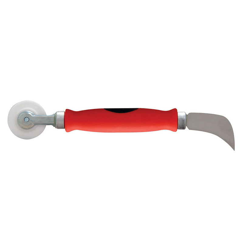 A combination tool featuring a white nylon roller on one end and a metal cutting blade on the other with a red comfort grip handle.