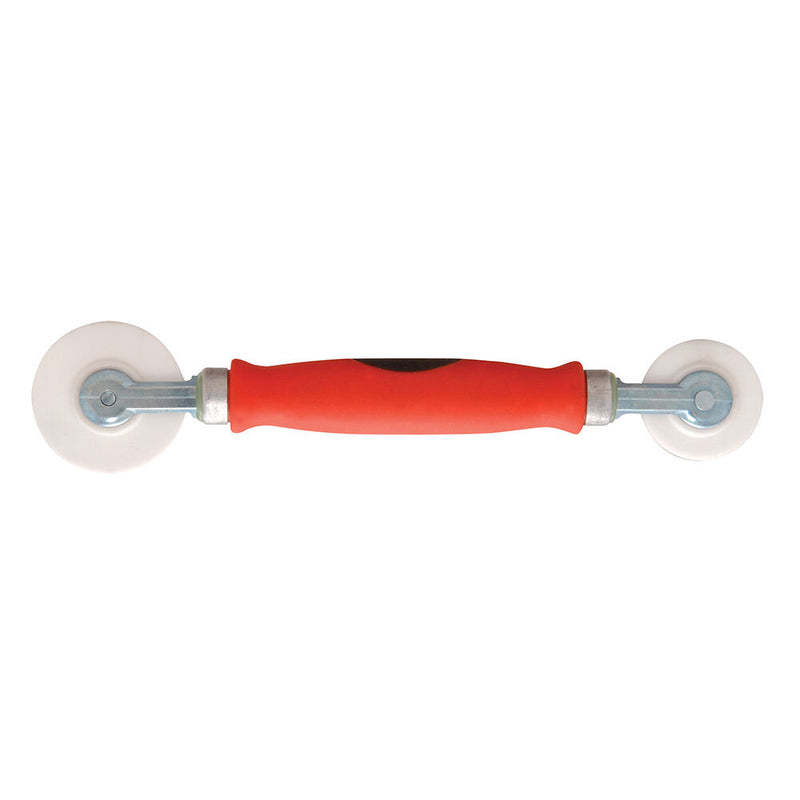 A screen installation tool with a red contoured handle and white nylon rollers on both ends.