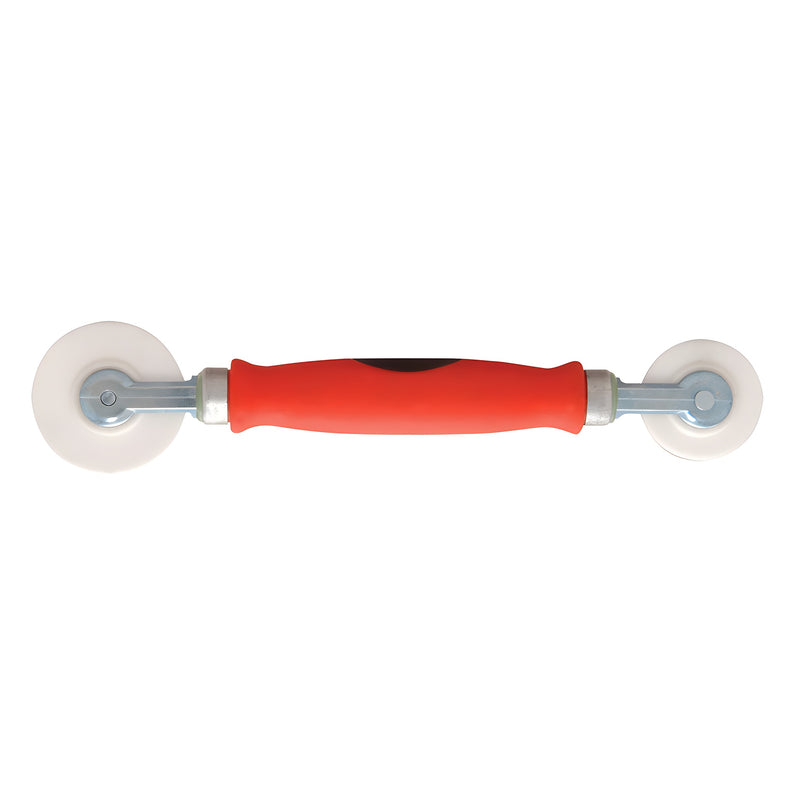 A screen installation tool with a red comfort grip handle and nylon rollers on both ends.