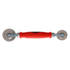 A steel combination roller tool featuring a red contoured handle and two metal wheels.