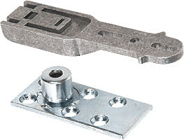 A metal bottom pivot assembly and mounting plate for a CRL door rail system.
