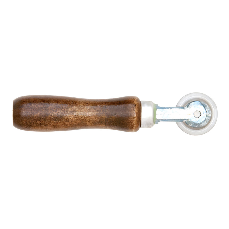 A side view of the CRL concave edge steel spline roller featuring a wooden handle and a 2-inch wheel.