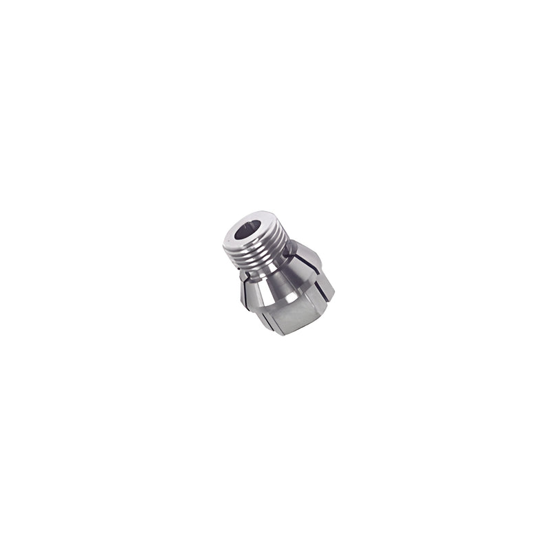 A close-up view of a metal conversion collet designed for straight shank drills.