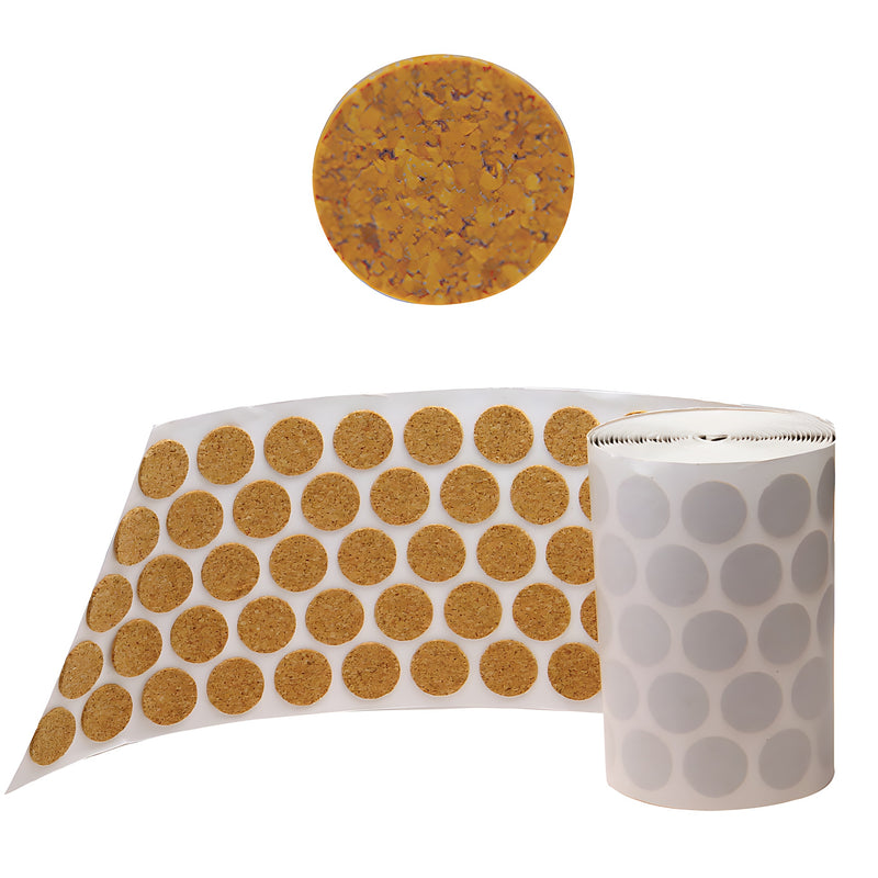 A roll of adhesive cork glass protectors shown with a single magnified cork pad.