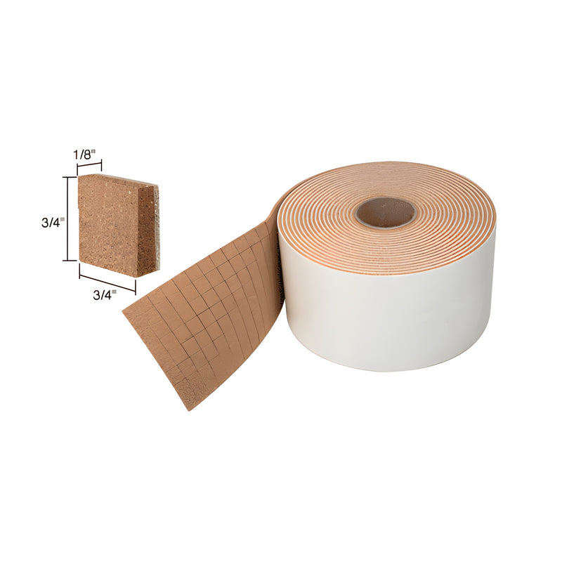 A large roll of non-adhesive cork shipping pads with a single 3/4-inch square pad shown for scale.