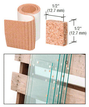 A roll of non-adhesive cork shipping pads shown next to a single pad and glass panels separated by pads on a wooden pallet.