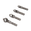 Four metal countersink bits of varying sizes arranged in a row.