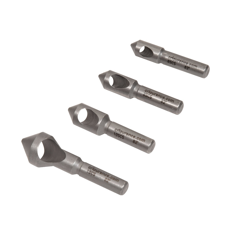 Four metal countersink bits of varying sizes arranged in a row.