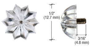 A front and side view of a star-shaped clear plastic bud fastener with a threaded metal screw.