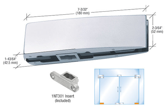 A brushed stainless steel curved bottom door patch with an included 1NT301 insert and dimensioned technical diagram.