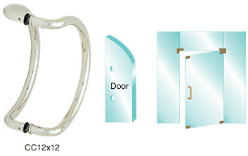 A brushed stainless steel curved pull handle shown with mounting diagrams for glass door installation.