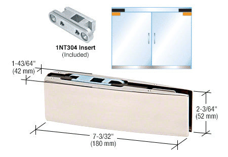A polished stainless steel curved top door patch fitting shown with its included 1NT304 insert and a diagram of a glass door installation.