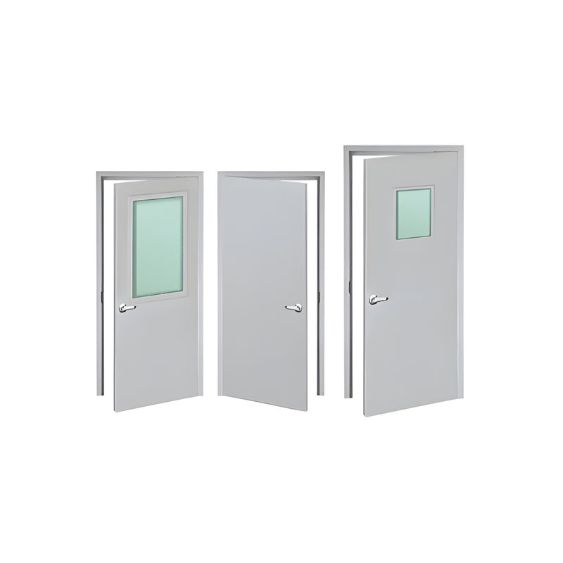 Three variations of CRL steel bullet resistant doors shown with and without vision lites in a prime coat finish.