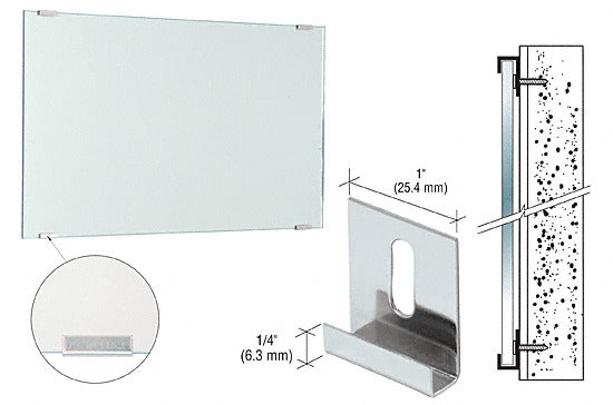 A diagram showing nickel plated Dallas mirror clips installed on a mirror and a detailed view of the clip dimensions.