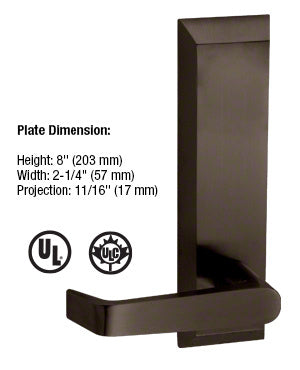 A dark bronze lever trim for 1900 rim panic devices featuring an aluminum construction with an 8-inch height and 2-1/4-inch width.