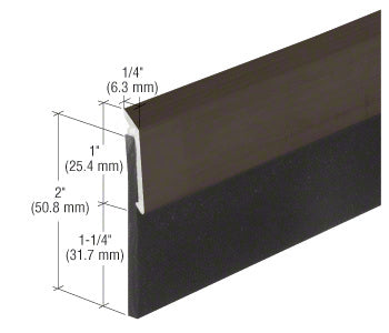 A close-up view of a dark bronze door sweep showing the metal frame and black vinyl seal with technical dimension labels.