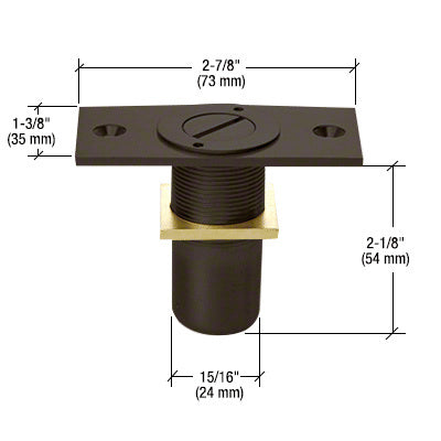 A technical diagram of a dark bronze dust proof keeper with a locking mechanism and labeled dimensions.