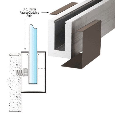 A technical diagram showing the installation of a dark bronze aluminum fascia cladding strip onto a railing base shoe.