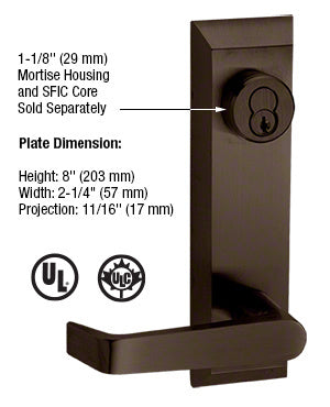 A dark bronze lever trim for 1900 rim panic devices featuring an 8-inch plate and key-lockable design.