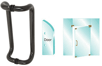 A dark bronze offset pull handle for glass doors shown with diagrams illustrating back-to-back mounting on glass panels.