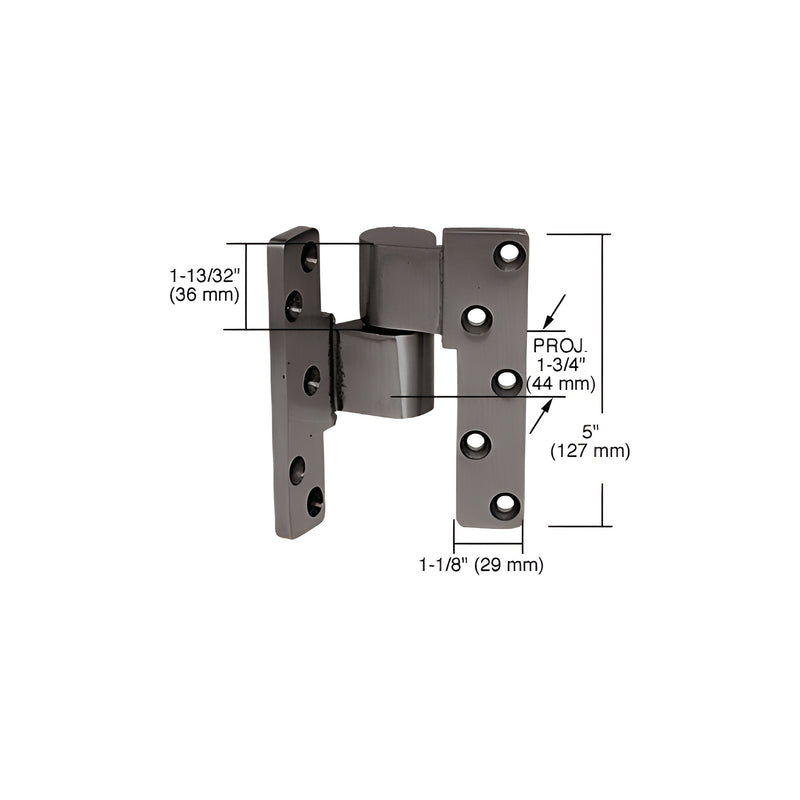 A dark bronze aluminum intermediate offset pivot for left-hand storefront doors shown with technical dimension labels.