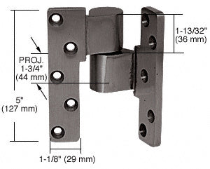 A dark bronze aluminum intermediate offset pivot for right-hand storefront doors shown with technical dimension labels.