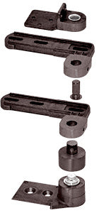 A dark bronze Jackson offset pivot set for aluminum doors shown with its mounting plates and components.