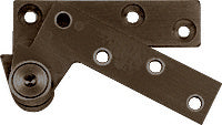 A dark bronze full mortise 3/4 inch offset top pivot hinge made of aluminum.