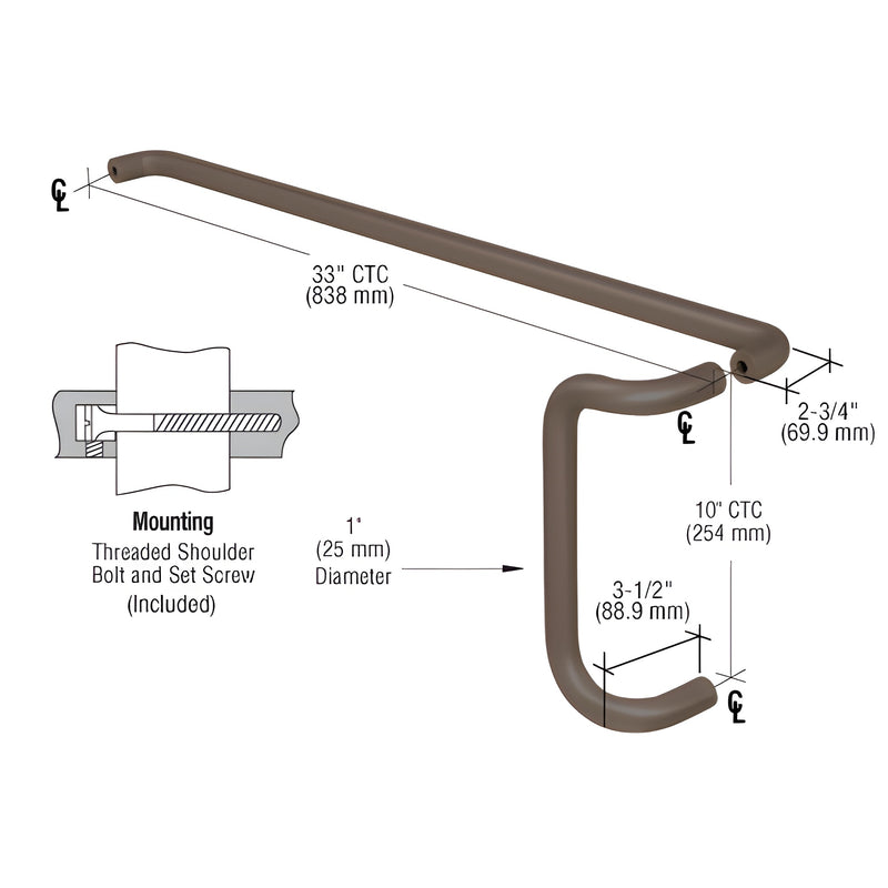 A technical diagram shows the dimensions and back-to-back mounting hardware for a dark bronze push and offset pull door handle set.
