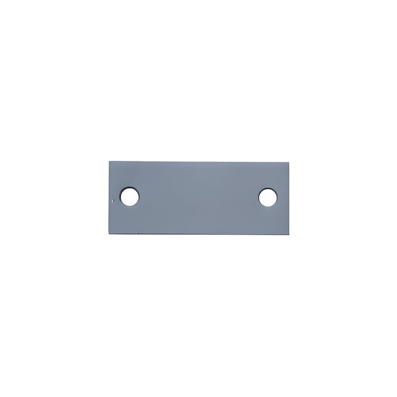 A rectangular steel dead bolt filler plate with a prime coat finish and two mounting holes.