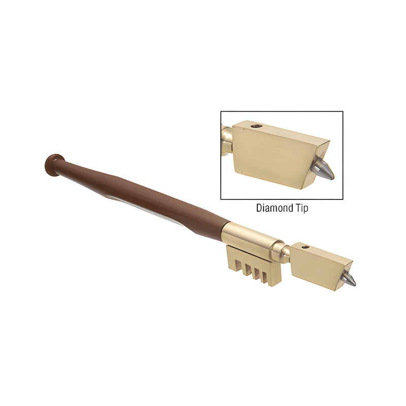 A CRL diamond tip glass cutter with a brown handle and a brass head is shown with an inset close-up of the diamond tip.